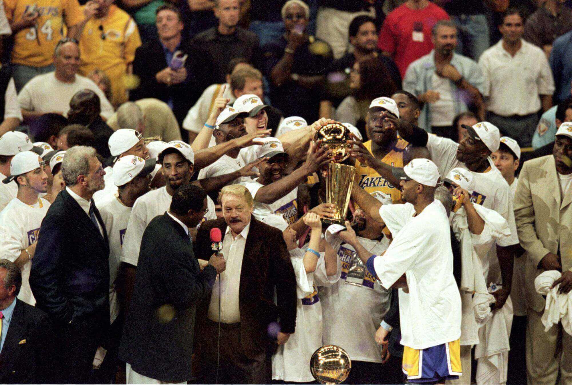 Jerry Buss is interviewed after his team won the 1999-2000 NBA Finals